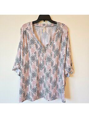 Perception Womens 3X Chevron Print Blouse 3/4 Sleeves White BLack Peach